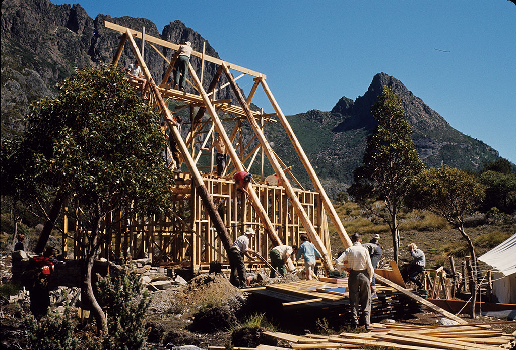 Construction of the hut, with eight King Billy A-frame supports in place (Dec 1965) - Guy Burns